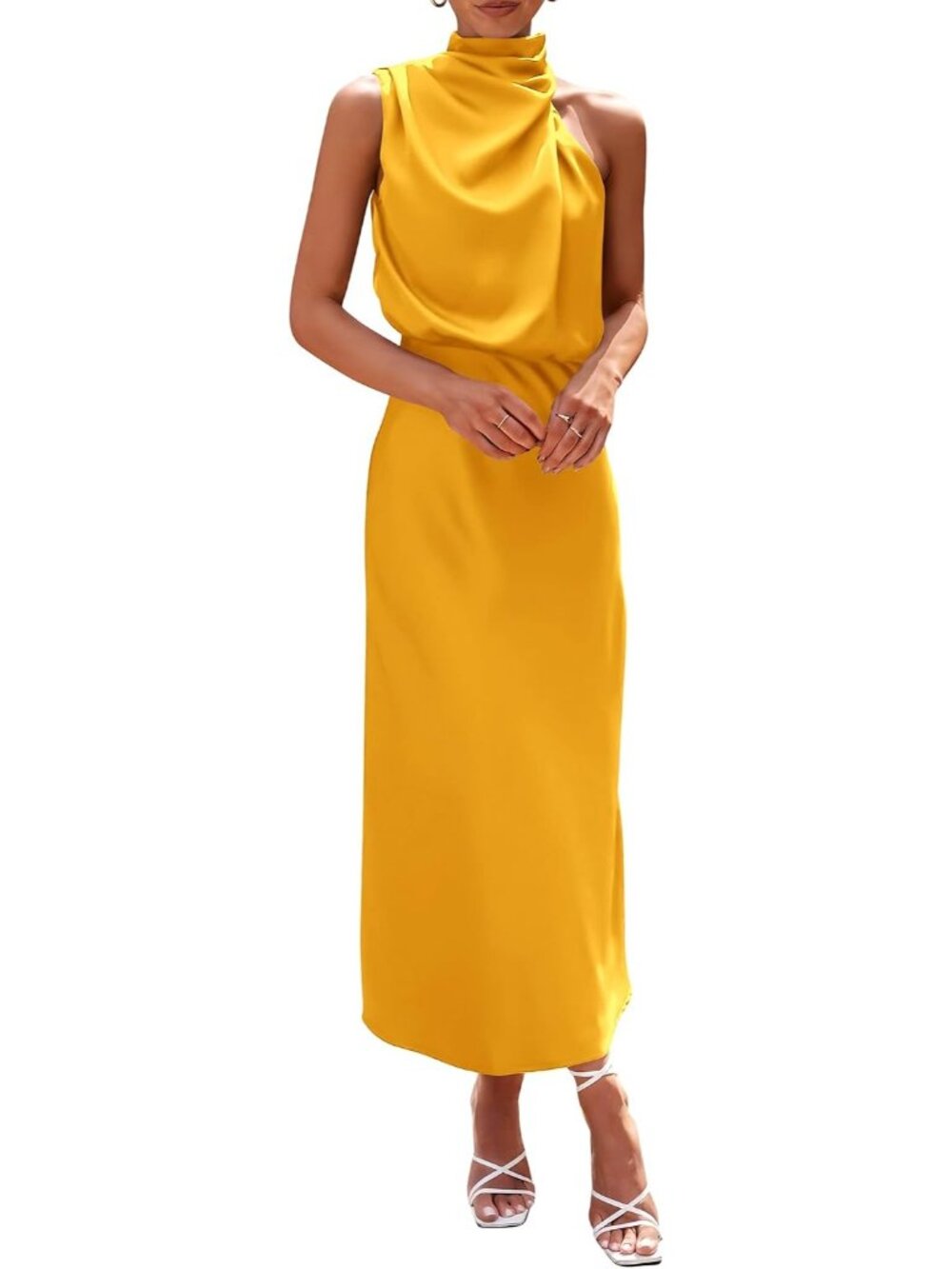Women's Yellow Silk Fabric Sleeveless Mock Neck Satin Maxi Cocktail Party Dress